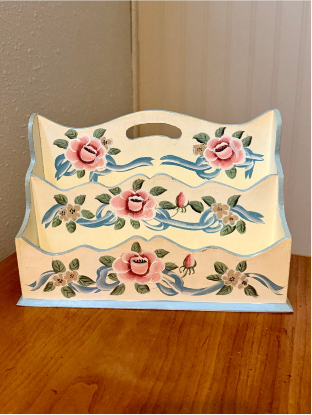 Vintage Hand Painted Wooden Letter Holder Tiered Desktop Organizer Floral Ribbon